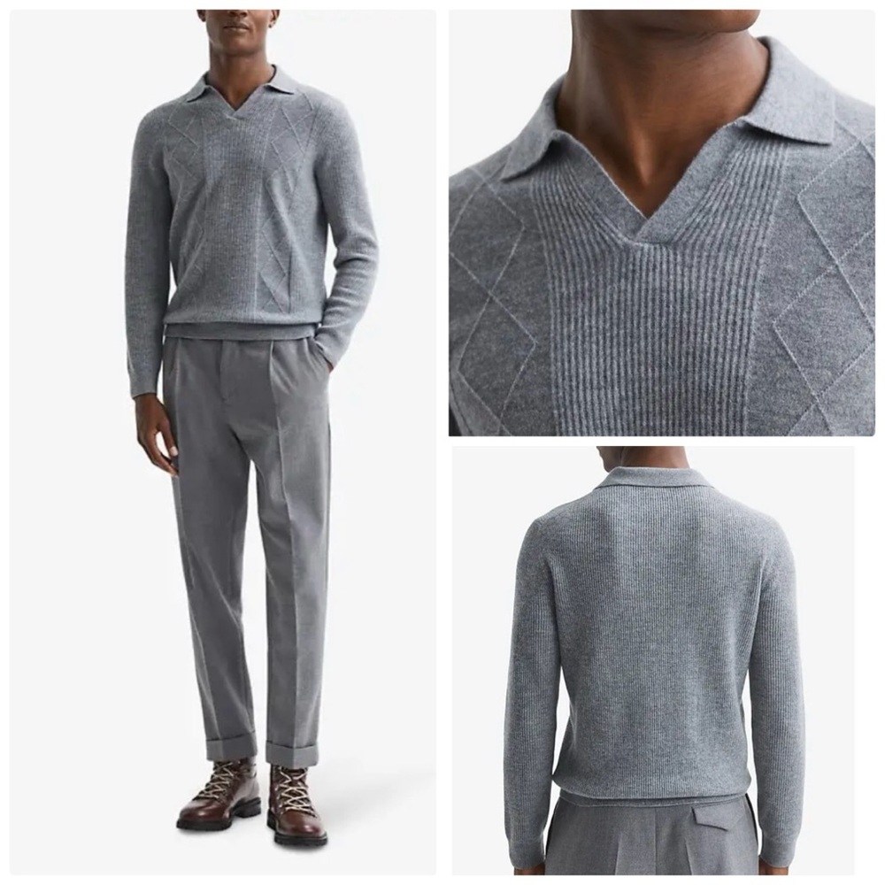 Reiss Malik open collar regular fit wool jumper in soft grey melange - XS nwt